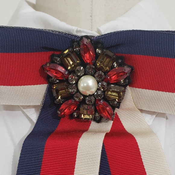 AUTH GUCCI Sylvie Web Bow Brooch Blue Silk Crystal Button - Picture 6 of 6